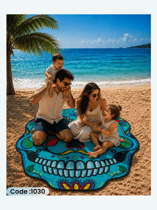 Blue Sugar Skull Beach Blanket – Round Linen Beach Mat | Code 1030