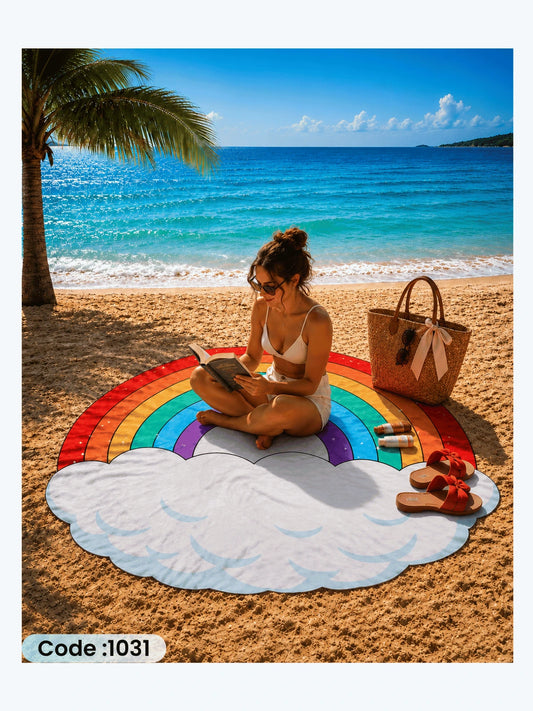 Rainbow Cloud Beach Blanket – Round Linen Beach Mat | Code 1031