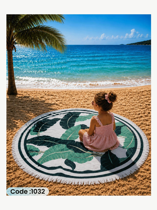 Tropical Banana Leaves Beach Blanket – Round Linen Beach Mat | Code 1032