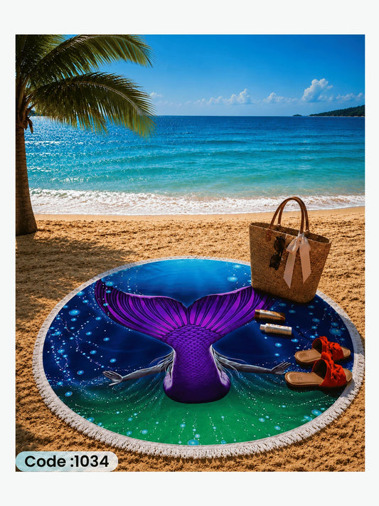 Mystic Mermaid Tail Beach Blanket – Round Linen Beach Mat | Code 1034