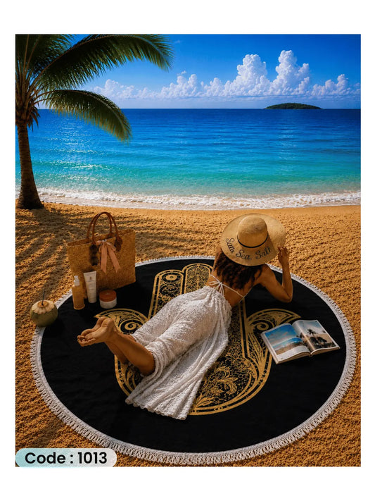 Hamsa Beach Blanket | سجادة شاطئ دائرية بتصميم كف الحماية الذهبي من الكتان - كود 1013Hamsa Beach Blanket | سجادة شاطئ دائرية بتصميم كف الحماية الذهبي من الكتان - كود 1013