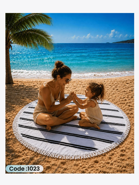 Minimalist Striped Beach Blanket – Round Linen Beach Mat | Code 1023