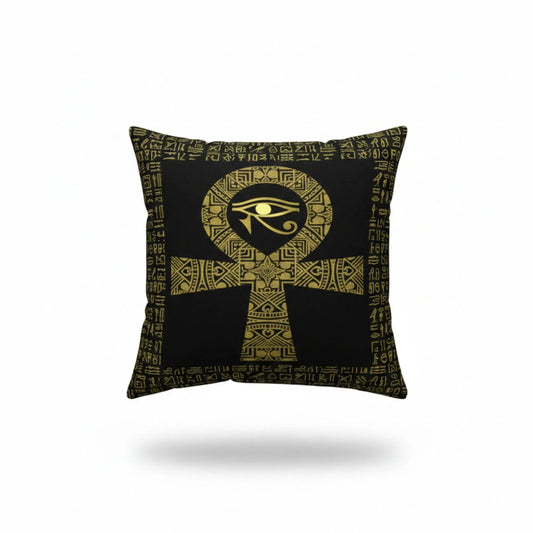 black-ankh-eye-of-horus-cushion-cover-gold-front-view