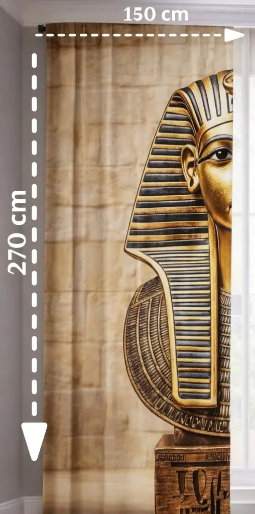 Curtain with left half golden Tutankhamun design and measurement details