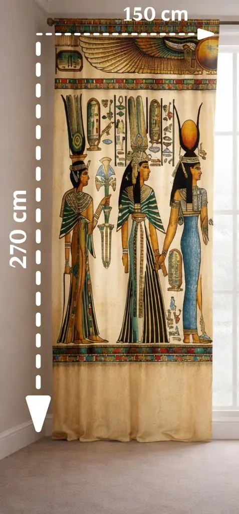 Curtain with Egyptian-ISIS design and measurements displayed