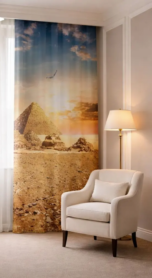 Room interior with a large wall mural of pyramids and desert landscape, a white armchair, and a lamp.