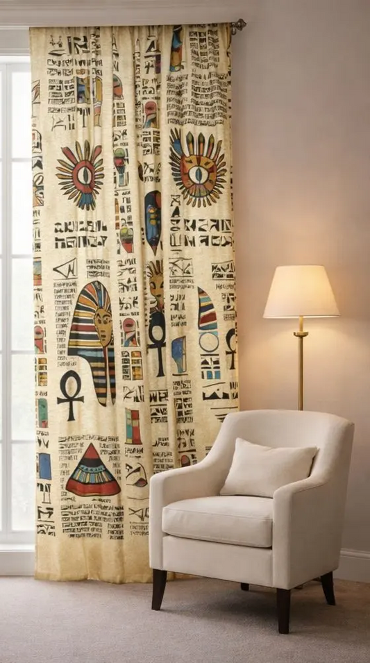 Decorative curtain with Egyptian hieroglyphics in a room with a chair and lamp.
