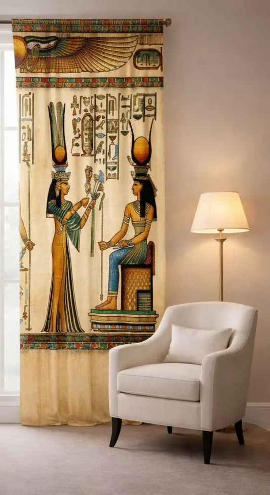 Decorative curtain with Egyptian-ISIS design in a room with a chair and lamp.