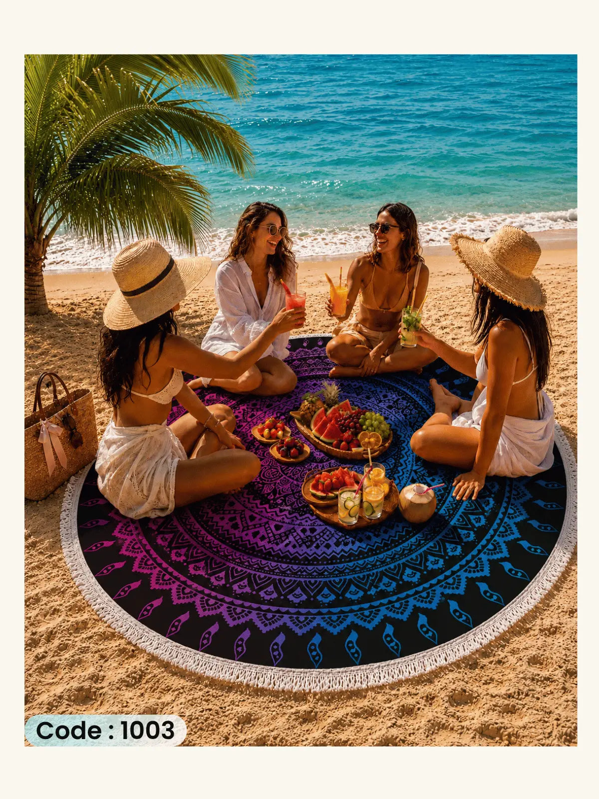 Mandala Beach Blanket | سجادة شاطئ دائرية من الكتان 150 سم - كود 1003