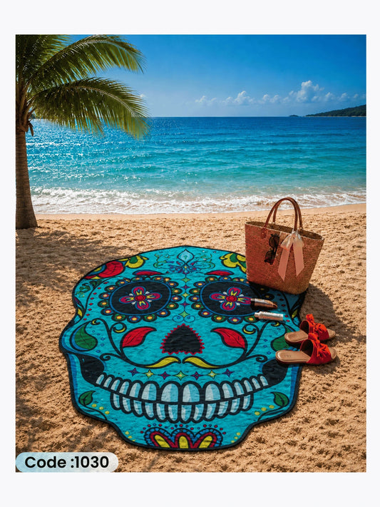 Blue Sugar Skull Beach Blanket – Round Linen Beach Mat | Code 1030