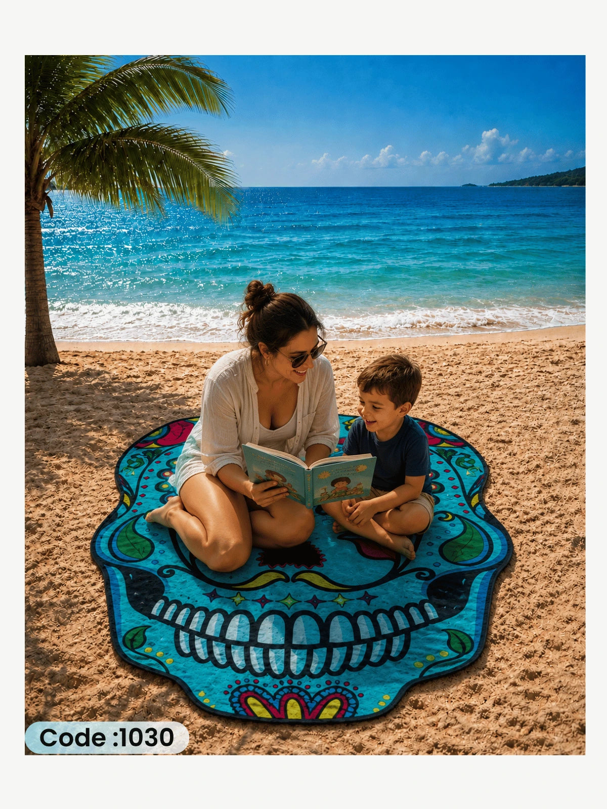 Blue Sugar Skull Beach Blanket – Round Linen Beach Mat | Code 1030