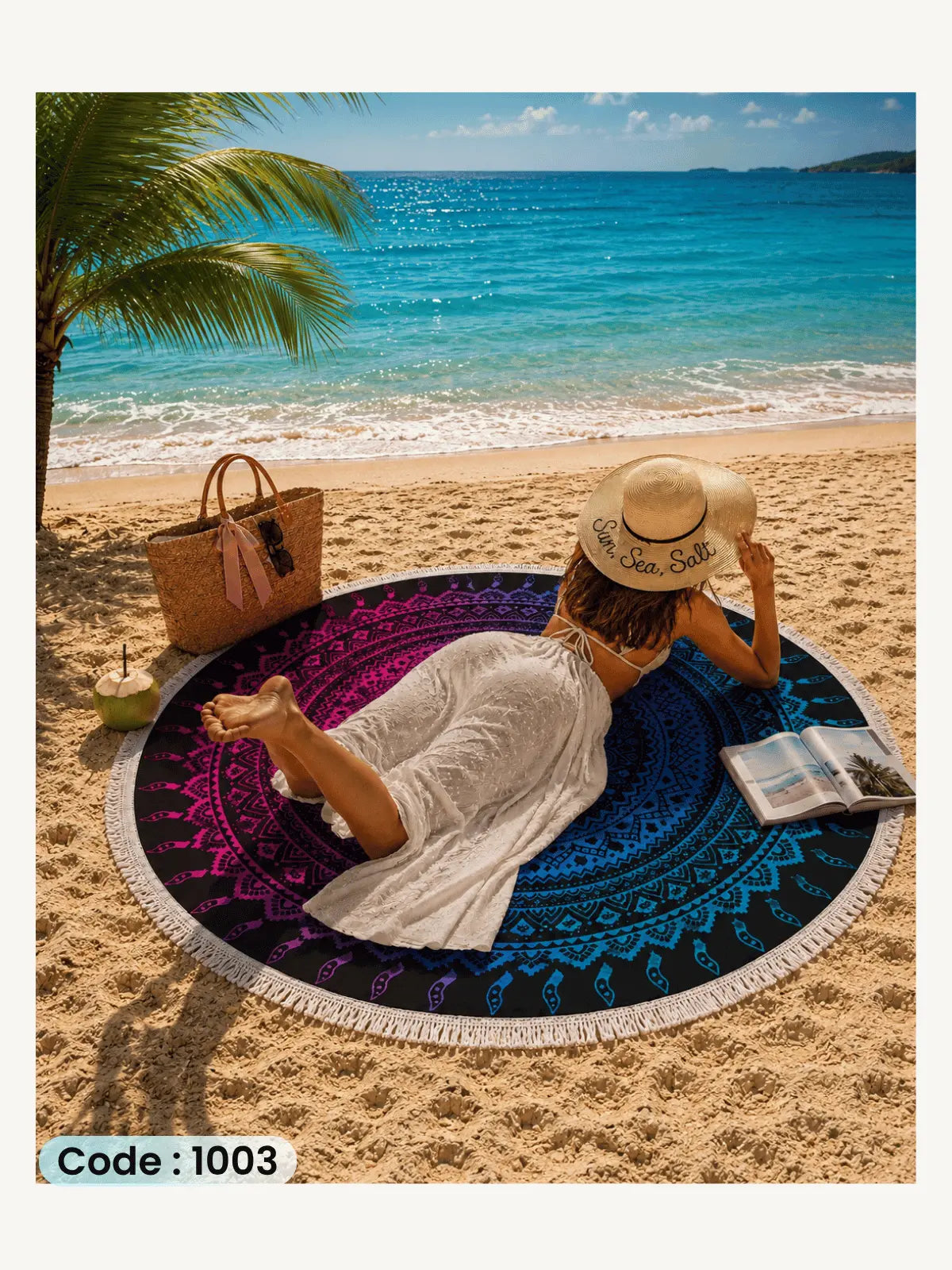 Mandala Beach Blanket | سجادة شاطئ دائرية من الكتان 150 سم - كود 1003