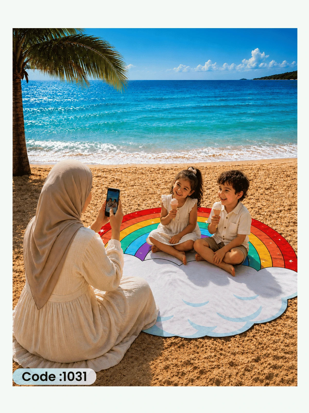 Rainbow Cloud Beach Blanket – Round Linen Beach Mat | Code 1031