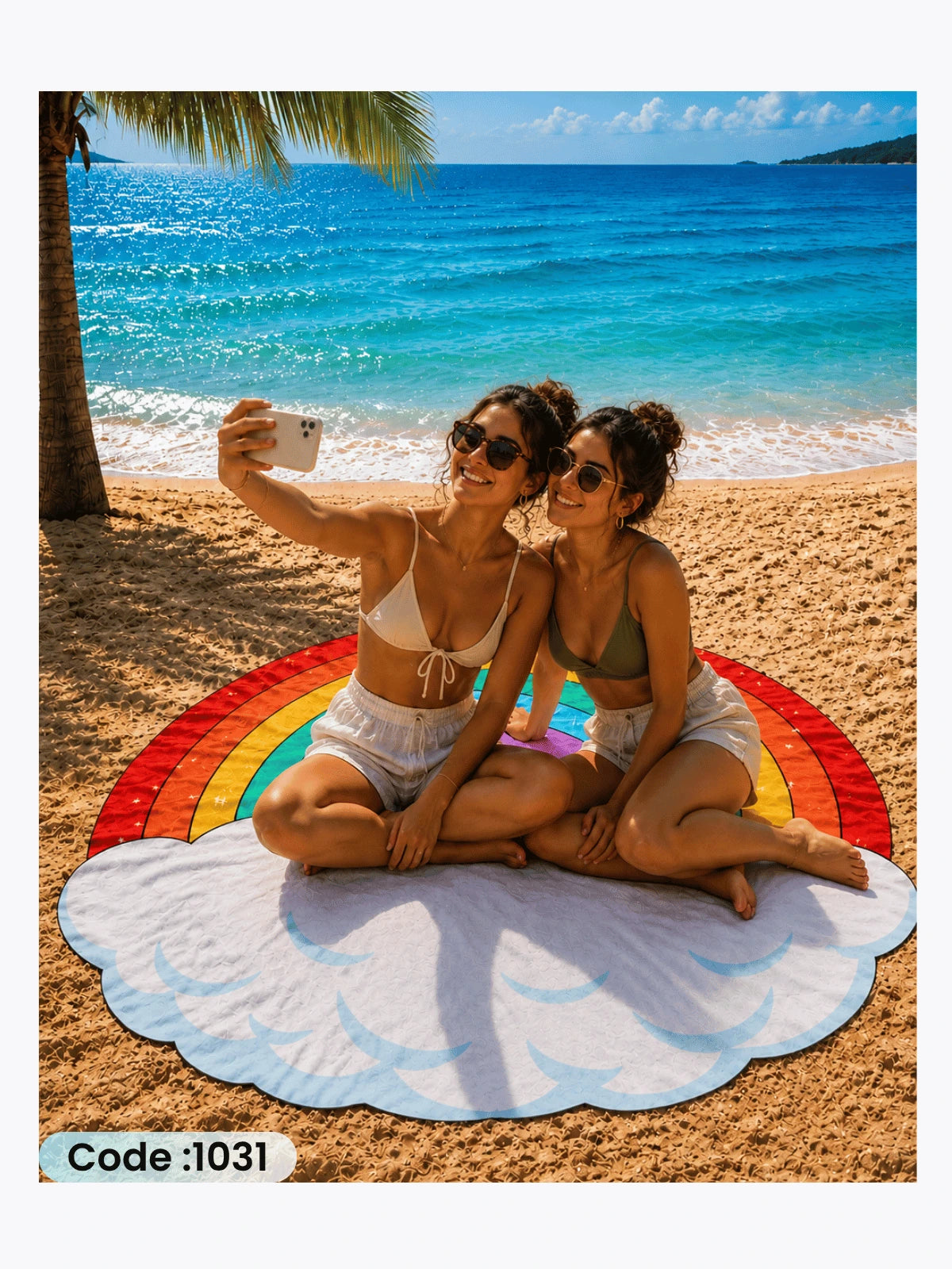 Rainbow Cloud Beach Blanket – Round Linen Beach Mat | Code 1031