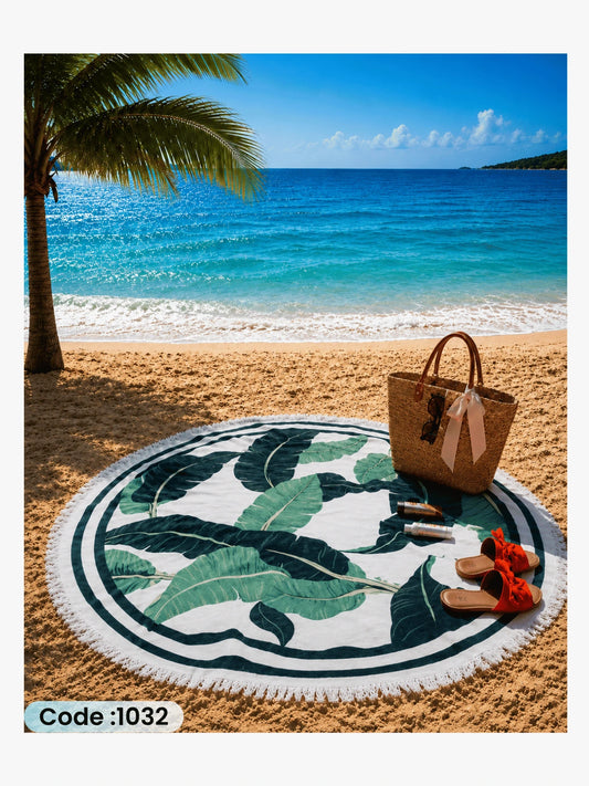 Tropical Banana Leaves Beach Blanket – Round Linen Beach Mat | Code 1032
