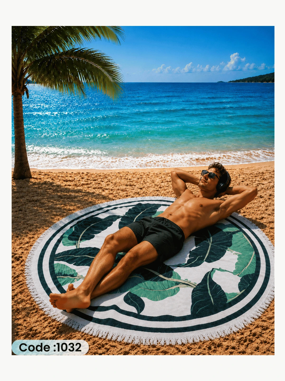 Tropical Banana Leaves Beach Blanket – Round Linen Beach Mat | Code 1032