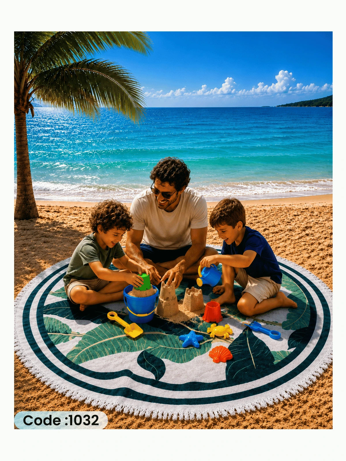 Tropical Banana Leaves Beach Blanket – Round Linen Beach Mat | Code 1032