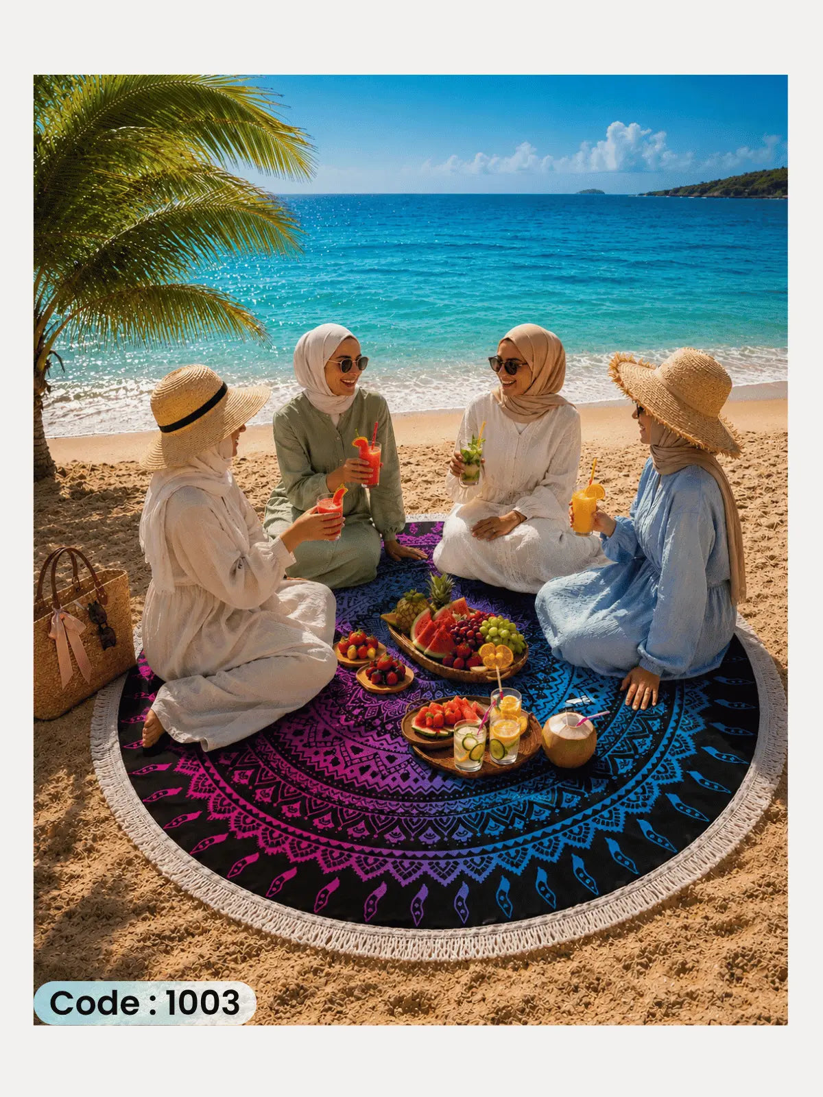 Mandala Beach Blanket | سجادة شاطئ دائرية من الكتان 150 سم - كود 1003