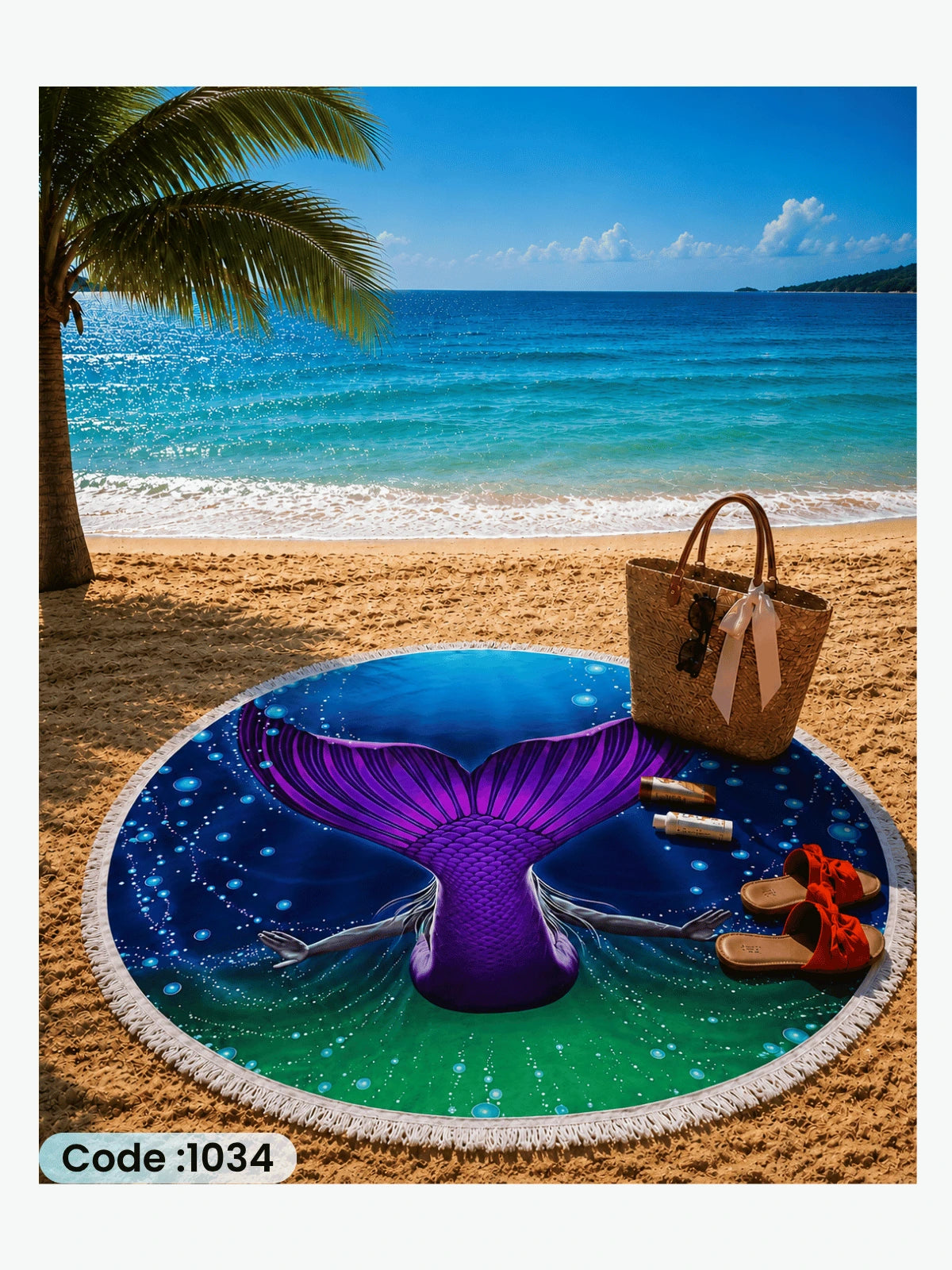 Mystic Mermaid Tail Beach Blanket – Round Linen Beach Mat | Code 1034