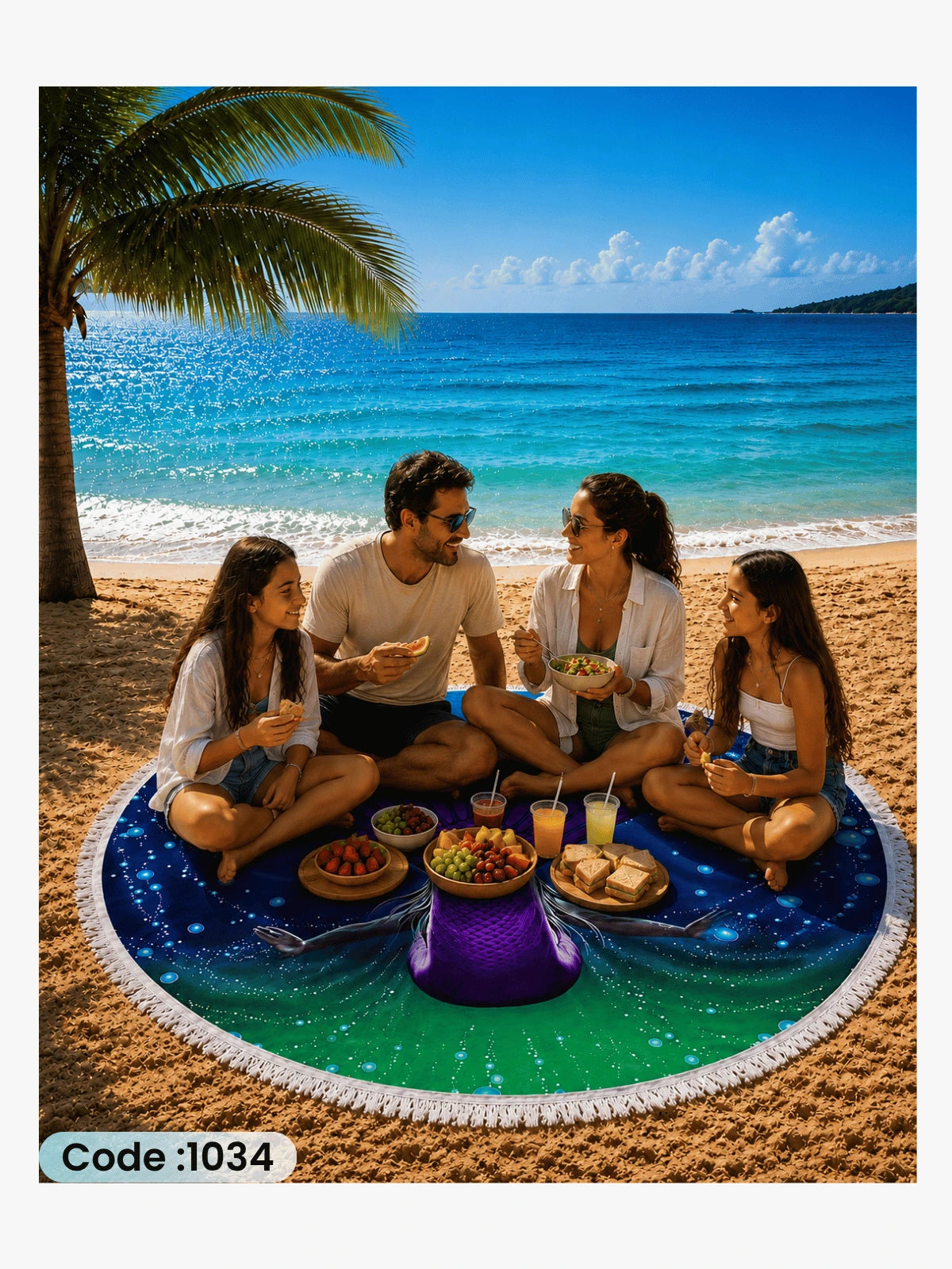 Mystic Mermaid Tail Beach Blanket – Round Linen Beach Mat | Code 1034