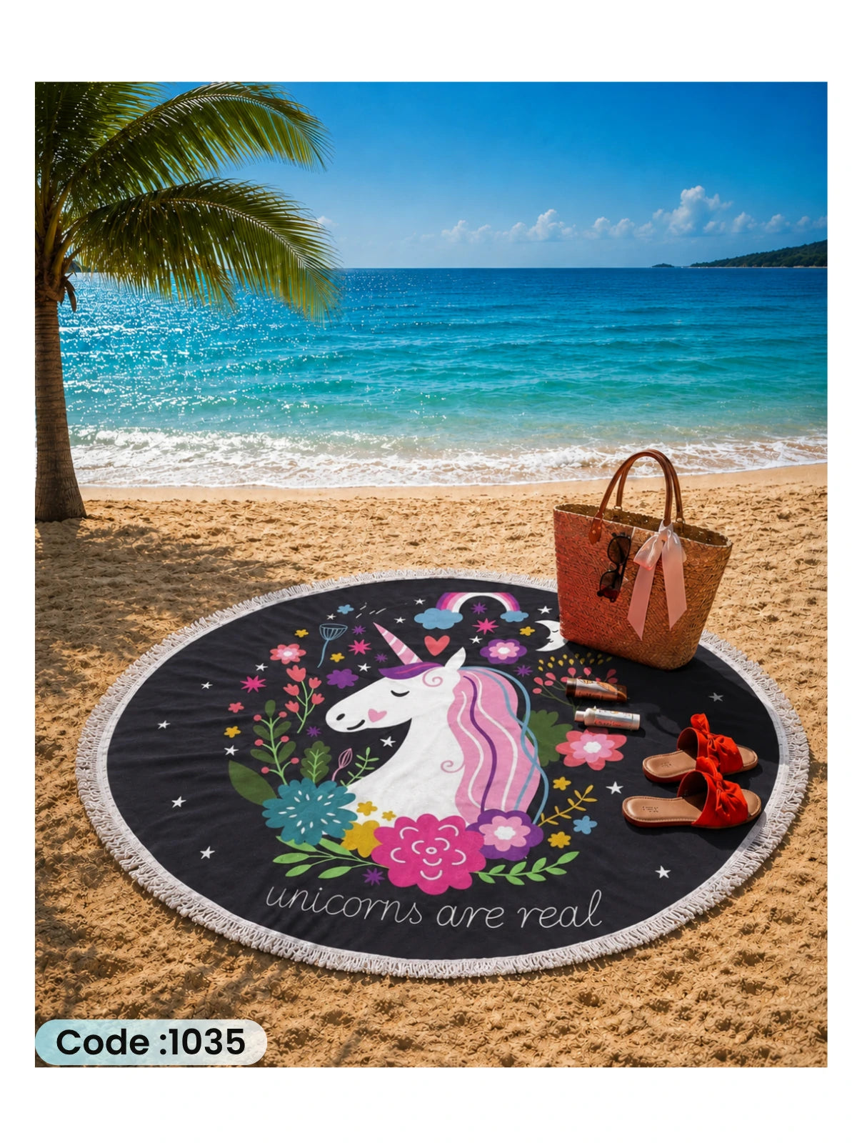 Floral Unicorn Beach Blanket – Round Linen Beach Mat | Code 1035