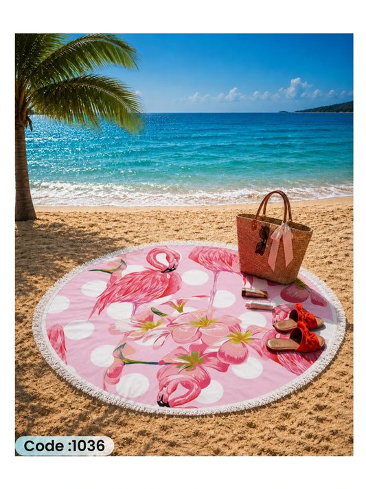 Pink Flamingo Floral Beach Blanket – Round Linen Beach Mat | Code 1036