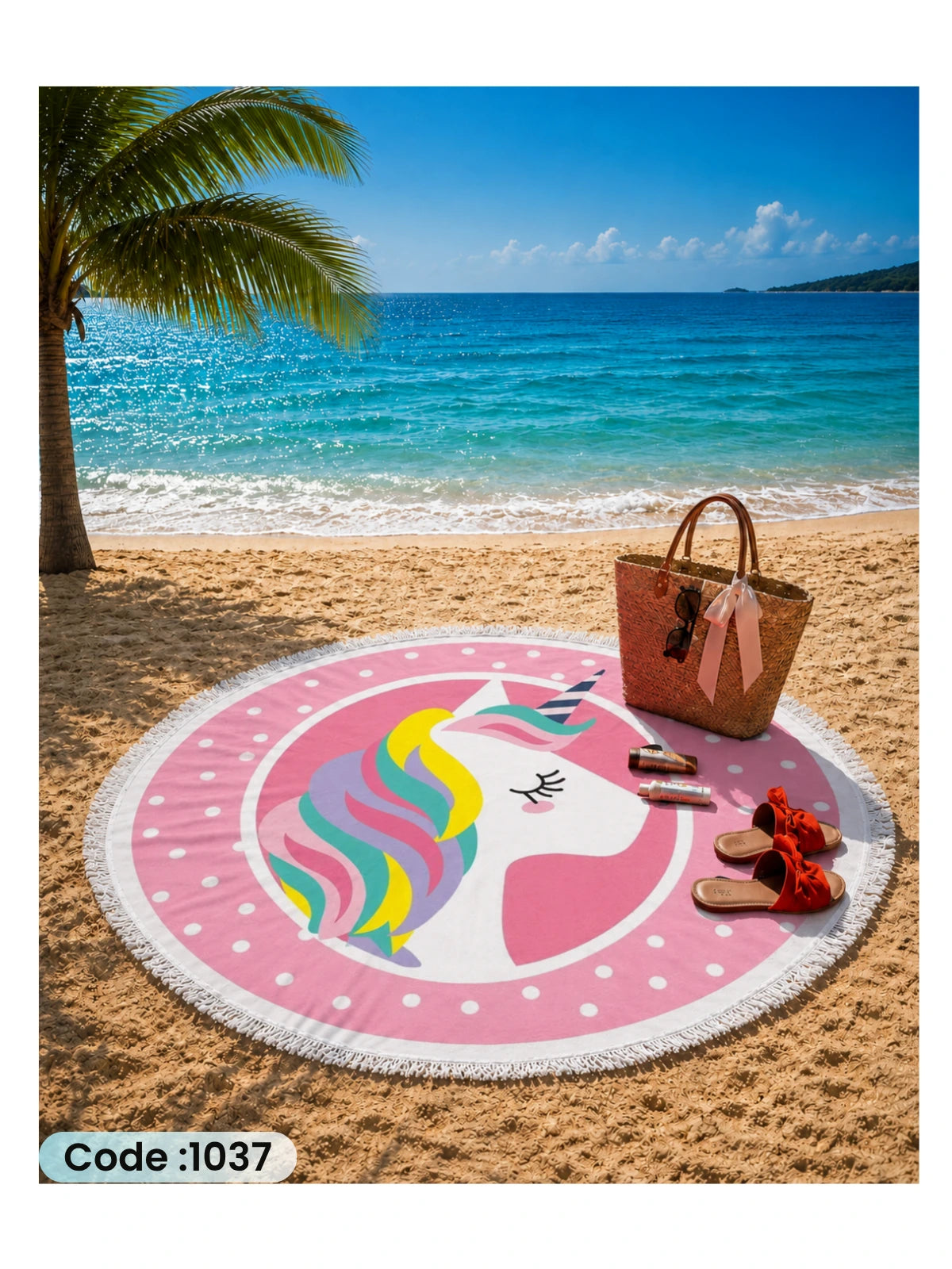 Unicorn Beach Blanket – Round Linen Beach Mat | Code 1037