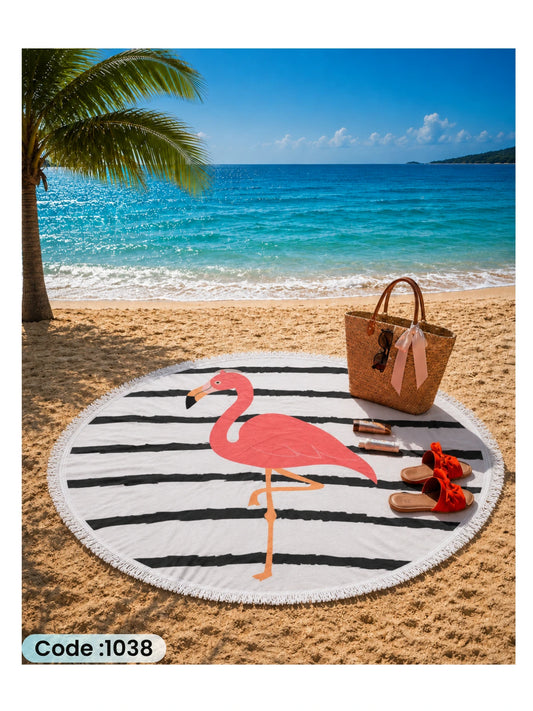 Flamingo Beach Blanket – Round Linen Beach Mat | Code 1038