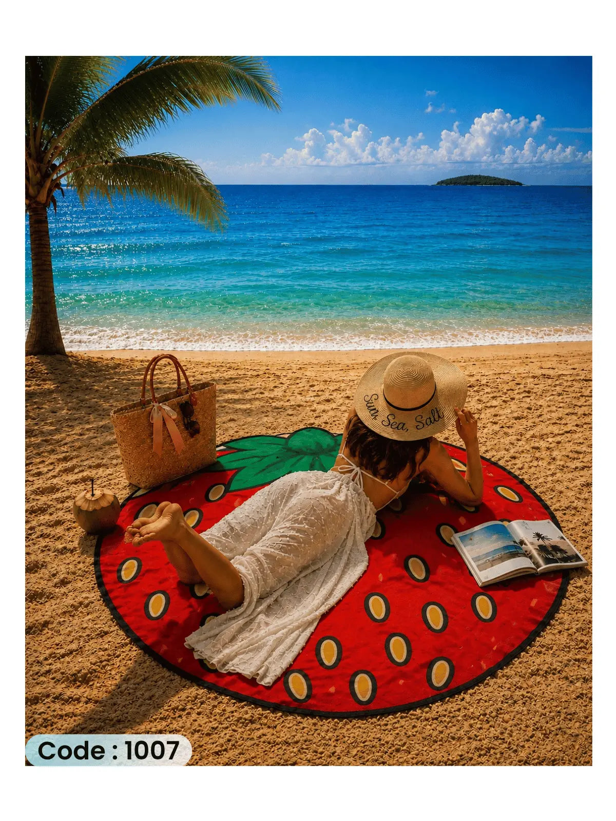 Strawberry Beach Blanket | سجادة شاطئ بتصميم الفراولة من الكتان - كود 1007