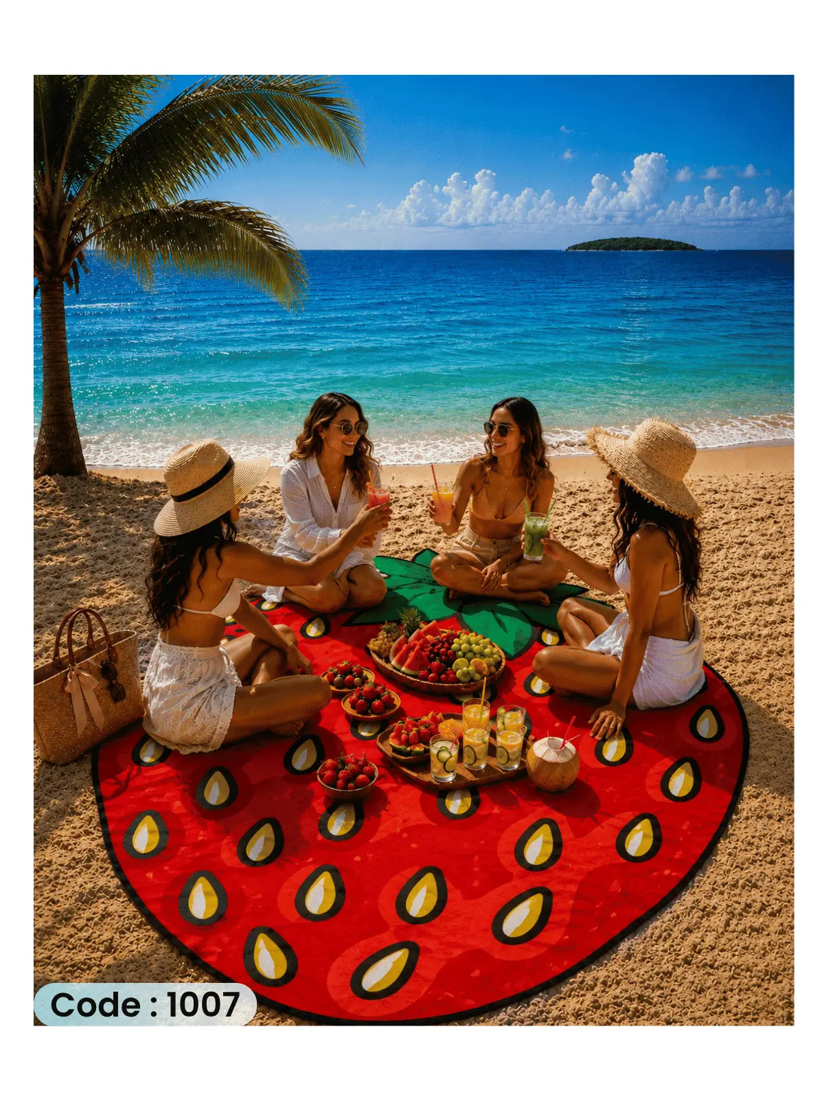 Strawberry Beach Blanket | سجادة شاطئ بتصميم الفراولة من الكتان - كود 1007