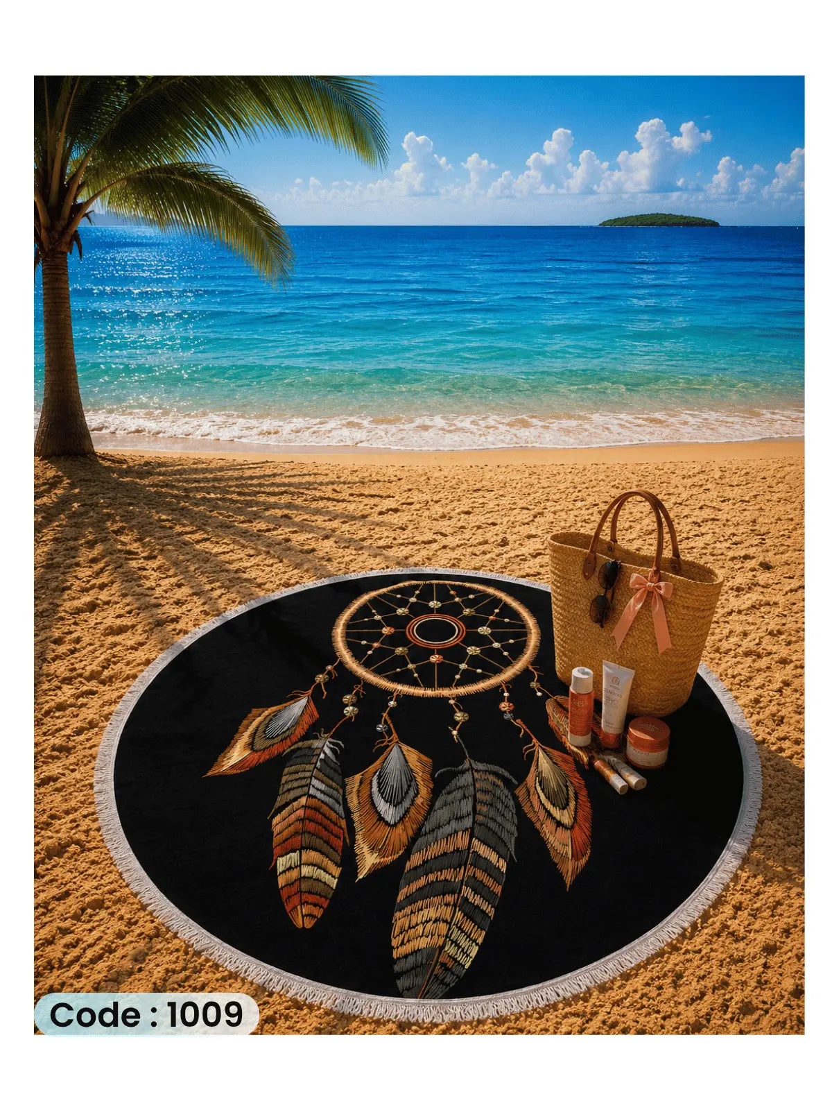 Dreamcatcher Beach Blanket Classic | سجادة شاطئ دائرية بتصميم Dreamcatcher من الكتان - كود 1009