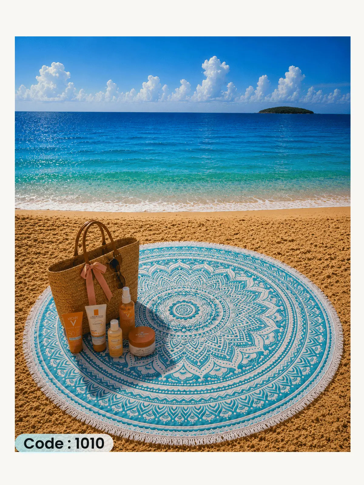 Turquoise Mandala Beach Blanket | سجادة شاطئ دائرية بتصميم الماندالا التركواز من الكتان - كود 1010