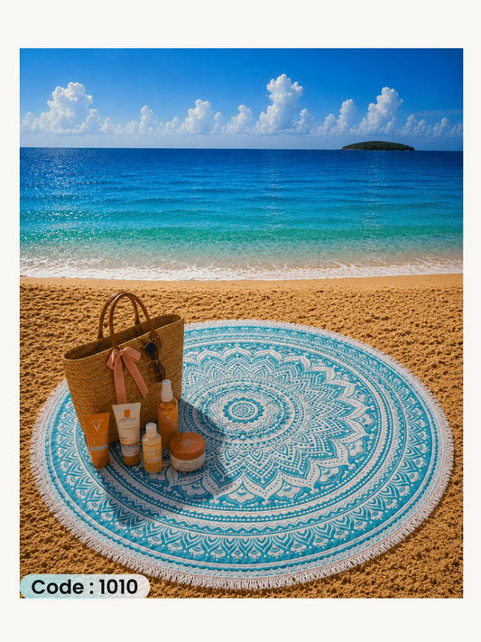 Turquoise Mandala Beach Blanket | سجادة شاطئ دائرية بتصميم الماندالا التركواز من الكتان - كود 1010