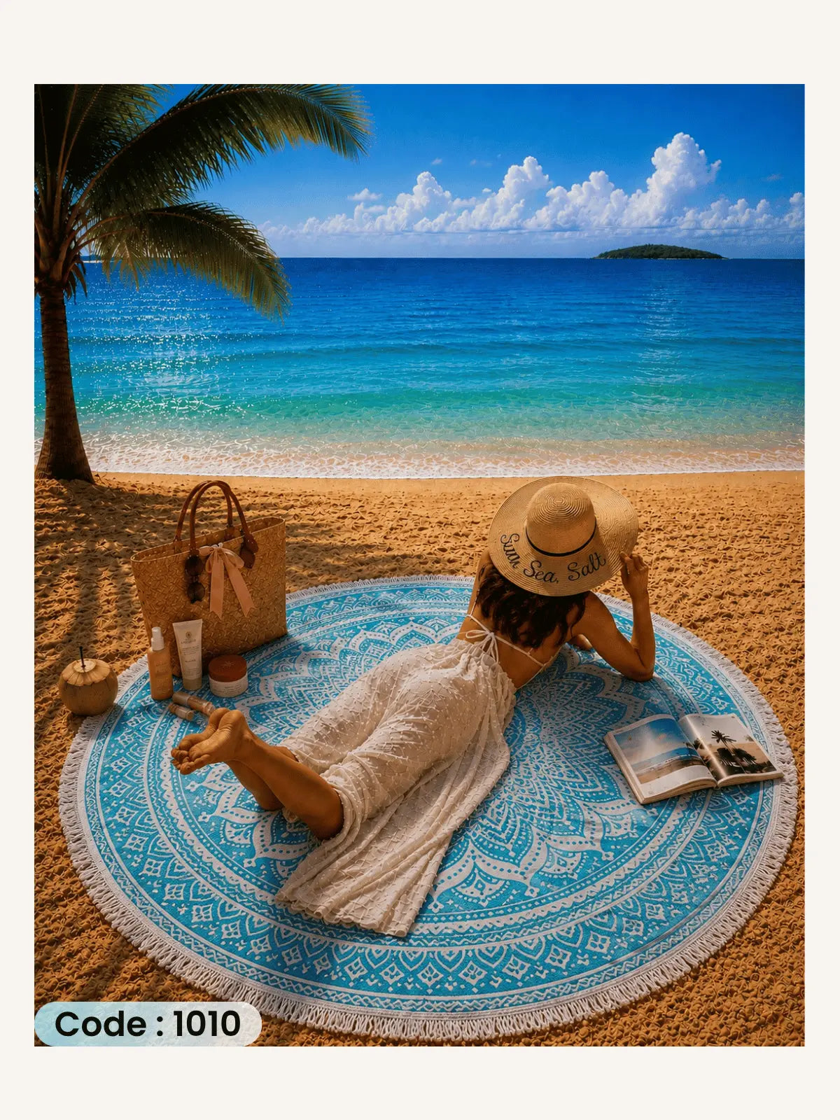 Turquoise Mandala Beach Blanket | سجادة شاطئ دائرية بتصميم الماندالا التركواز من الكتان - كود 1010