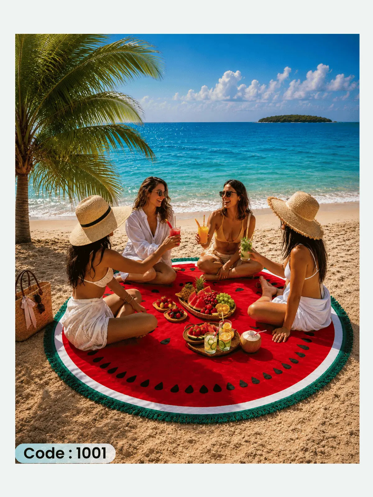 Beach Blanket Watermelon | سجادة شاطئ دائرية من الكتان 150 سم - كود 1001