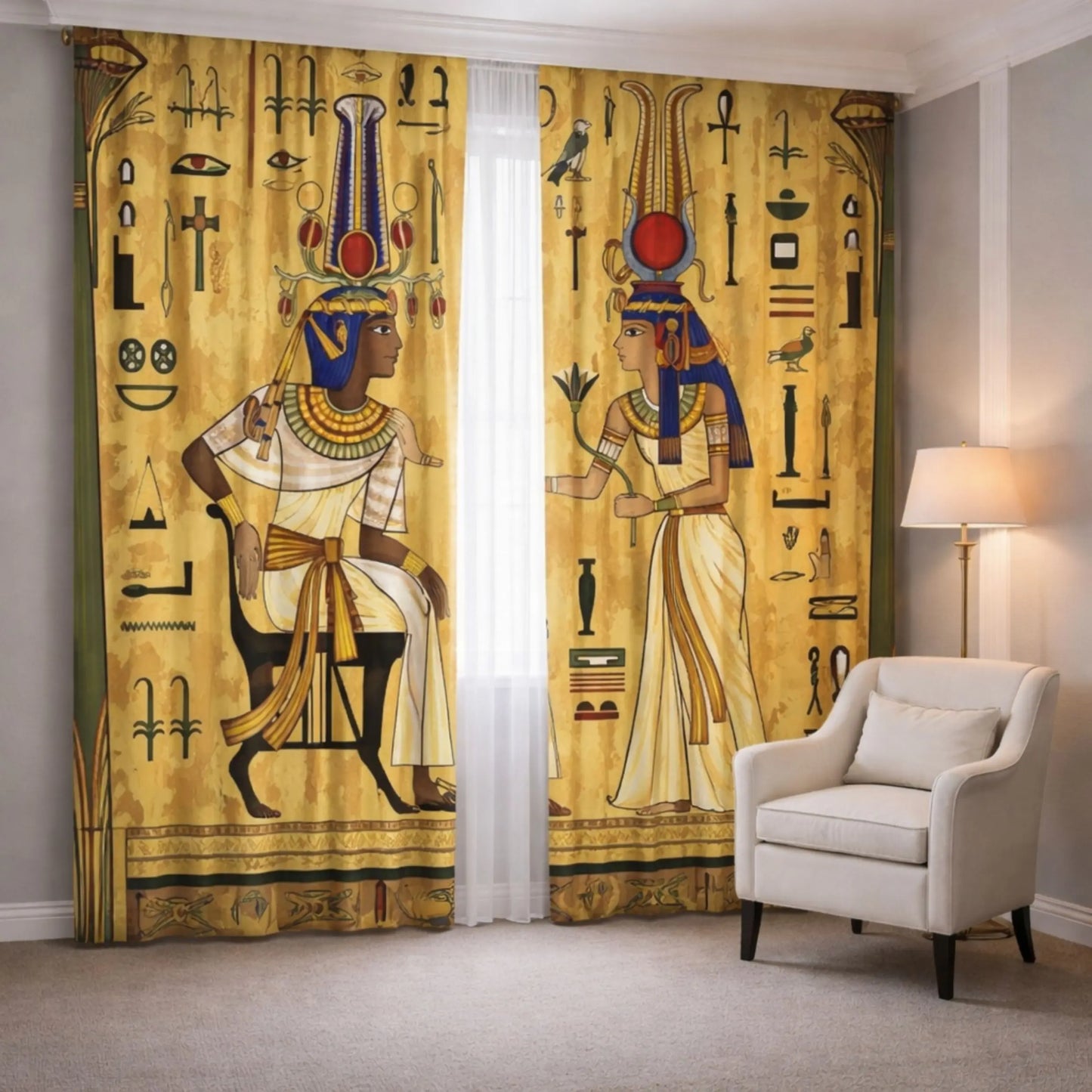 Curtains with Egyptian-themed design in a room with a chair and lamp.