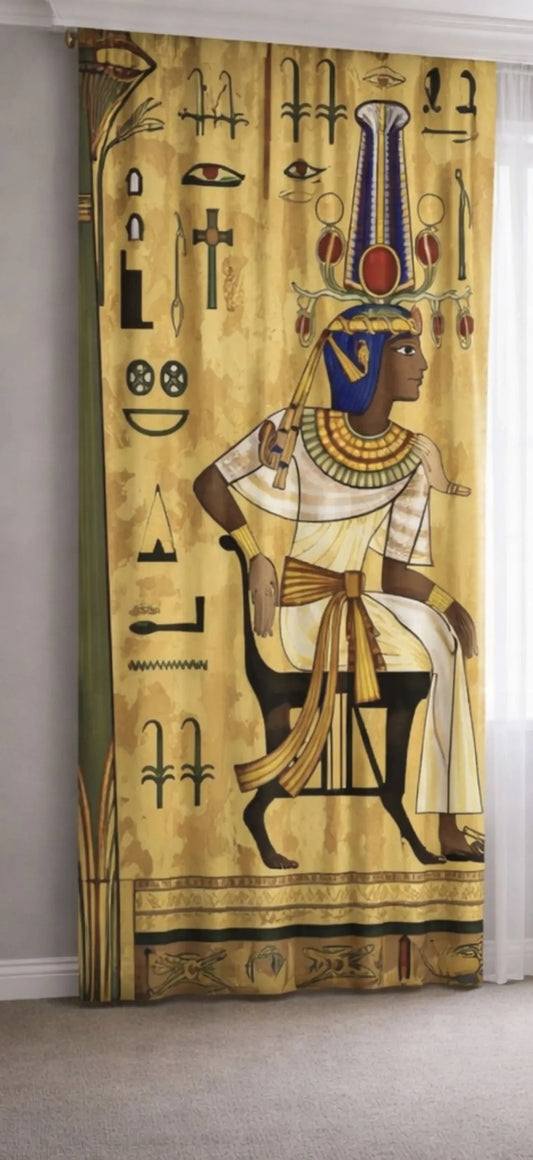 left side view of Decorative curtain with Egyptian-themed design featuring hieroglyphs and a figure in traditional attire.