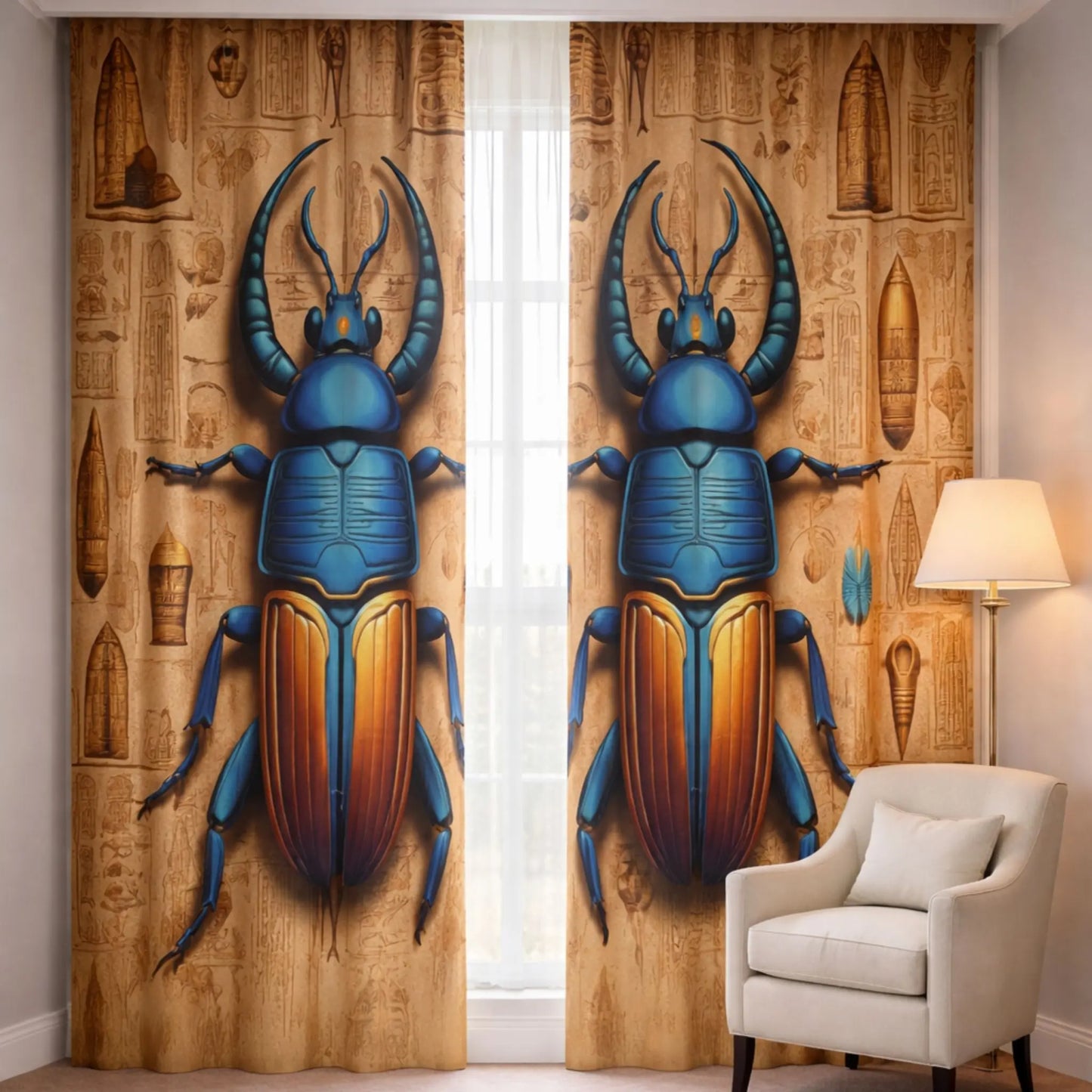 Curtains with beetle design in a room with a chair and lamp.