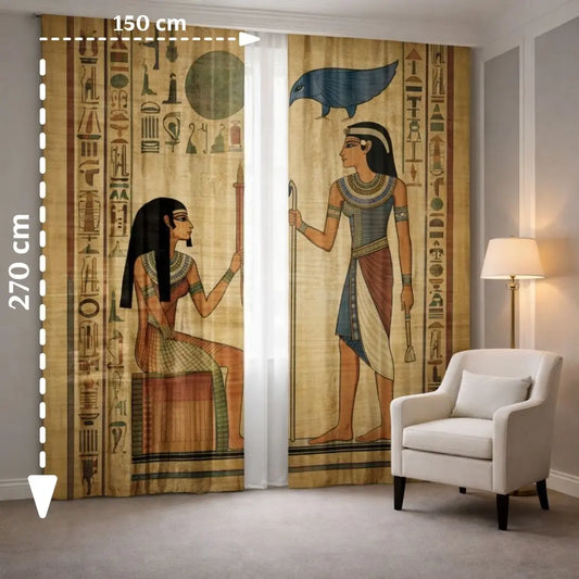 Egyptian-themed curtains with hieroglyphics and figures in a room with a chair and lamp.
