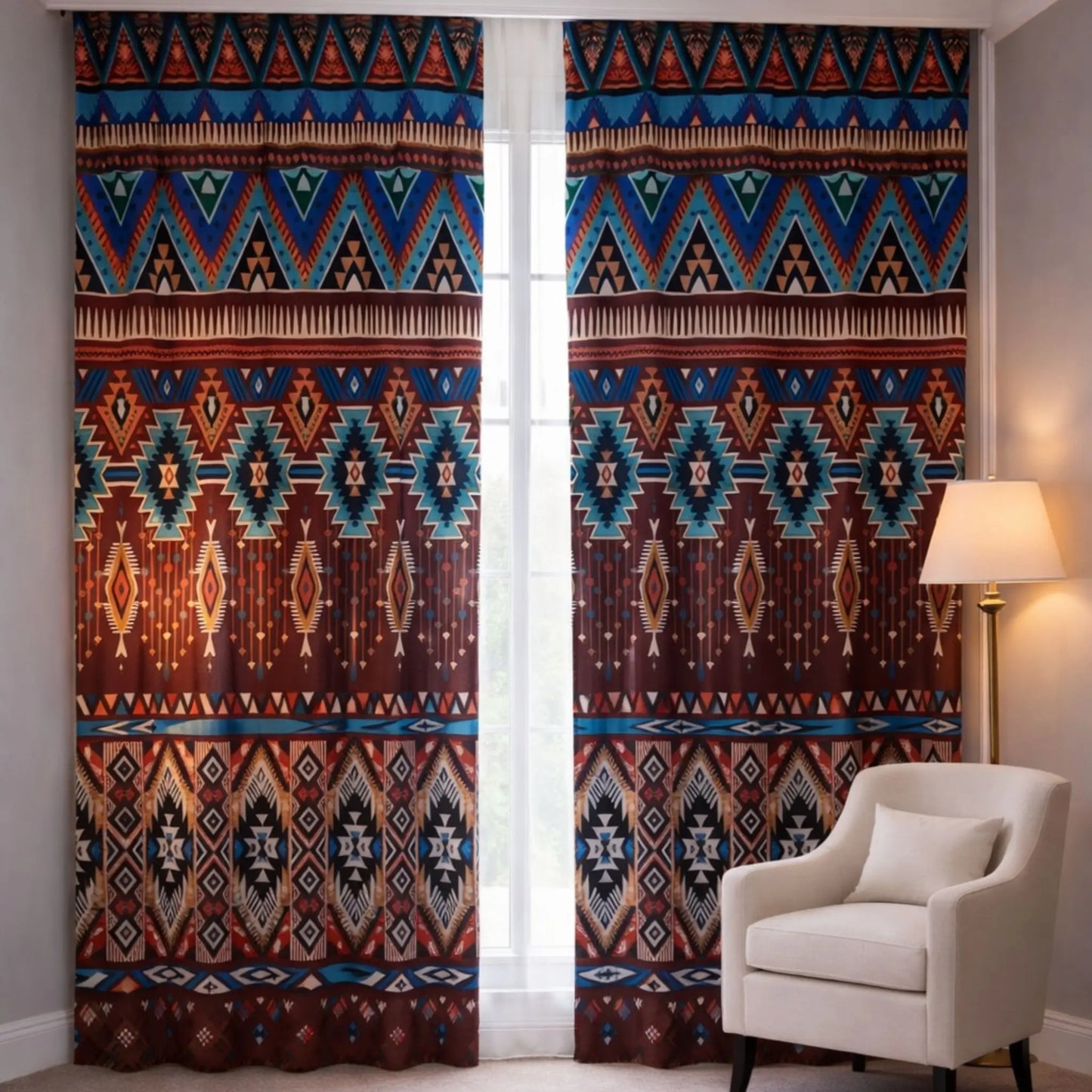 oriental geometric design curtains with a chair and lamp in a room setting