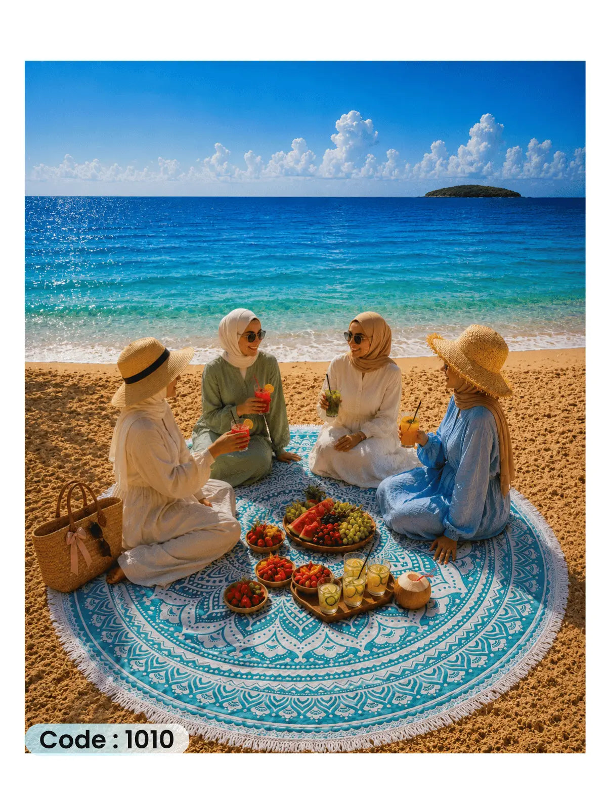 Turquoise Mandala Beach Blanket | سجادة شاطئ دائرية بتصميم الماندالا التركواز من الكتان - كود 1010