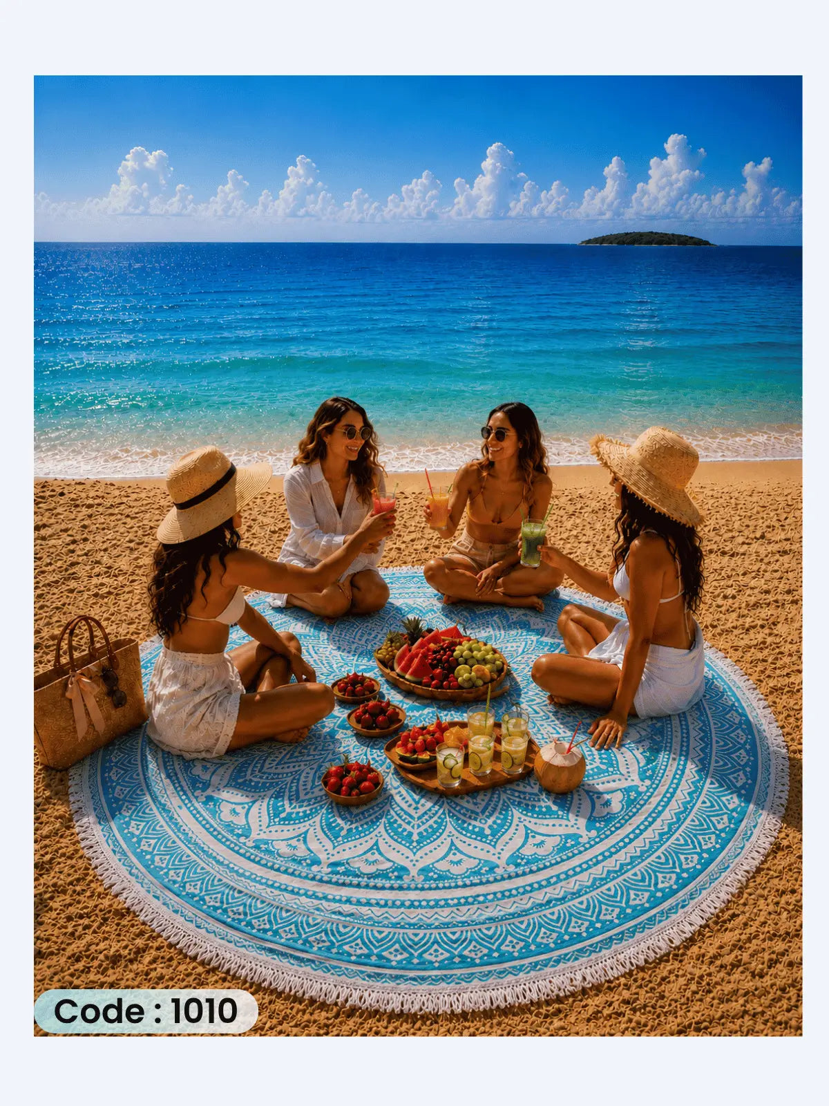 Turquoise Mandala Beach Blanket | سجادة شاطئ دائرية بتصميم الماندالا التركواز من الكتان - كود 1010