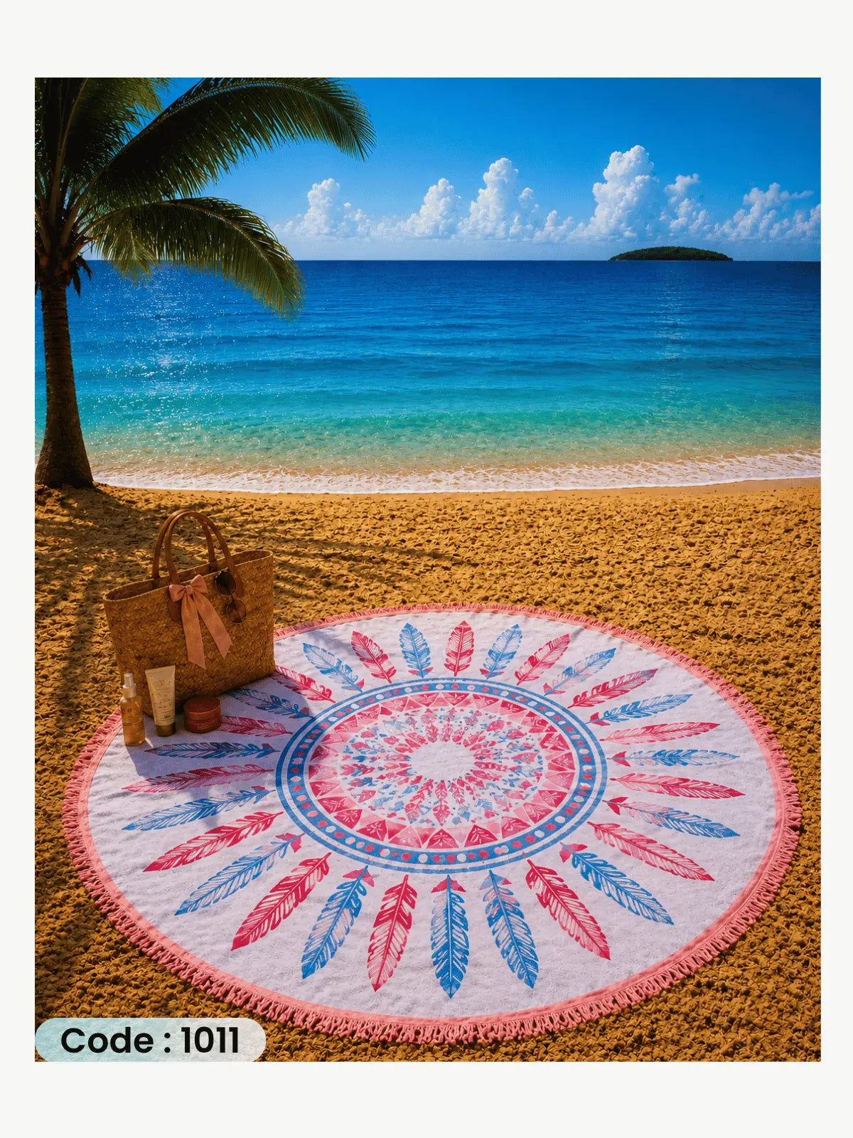 Pastel Dreamcatcher Beach Blanket | سجادة شاطئ دائرية بتصميم الريش الباستيل من الكتان - كود 1011