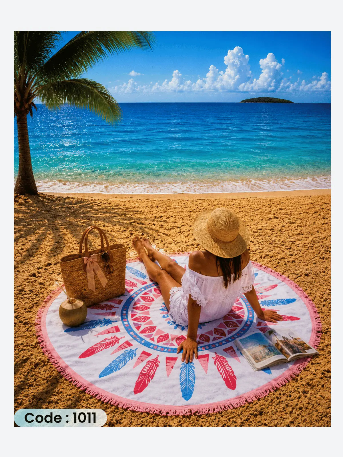 Pastel Dreamcatcher Beach Blanket | سجادة شاطئ دائرية بتصميم الريش الباستيل من الكتان - كود 1011