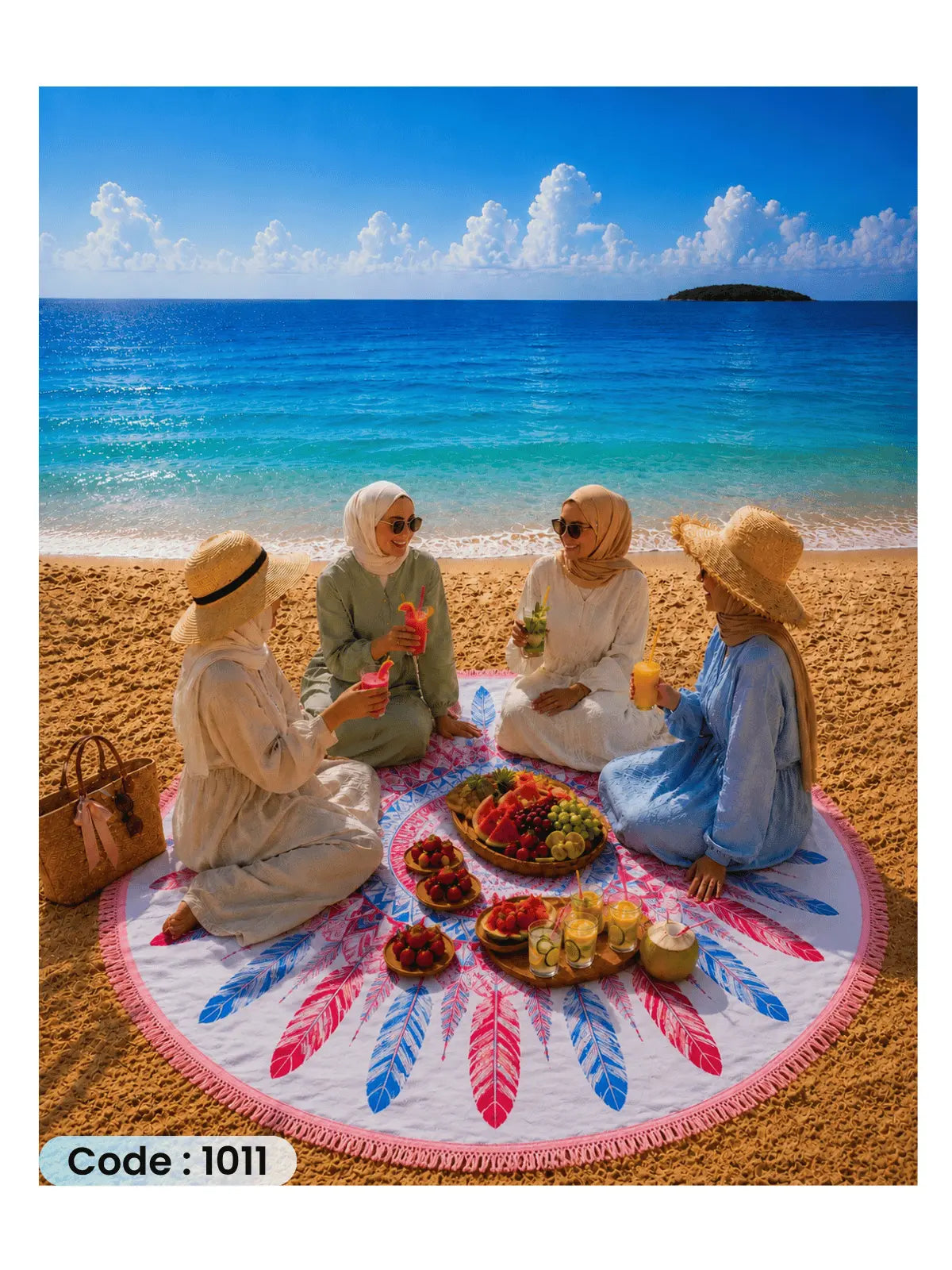 Pastel Dreamcatcher Beach Blanket | سجادة شاطئ دائرية بتصميم الريش الباستيل من الكتان - كود 1011