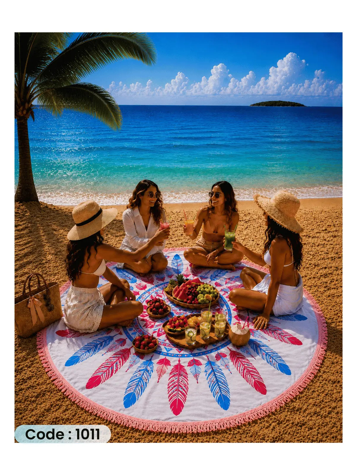 Pastel Dreamcatcher Beach Blanket | سجادة شاطئ دائرية بتصميم الريش الباستيل من الكتان - كود 1011