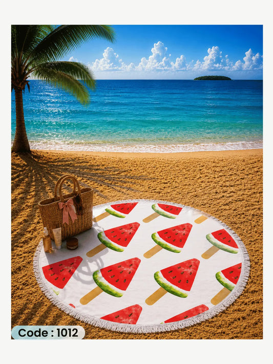 Watermelon Popsicle Beach Blanket | سجادة شاطئ دائرية بتصميم آيس كريم البطيخ من الكتان - كود 1012