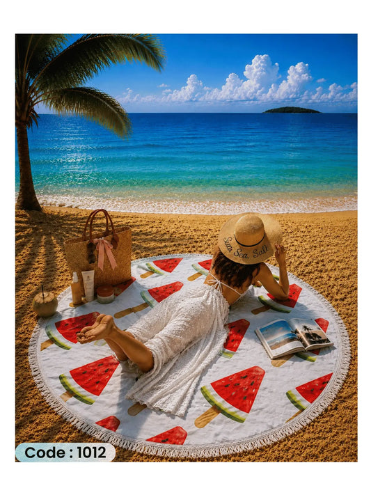 Watermelon Popsicle Beach Blanket | سجادة شاطئ دائرية بتصميم آيس كريم البطيخ من الكتان - كود 1012