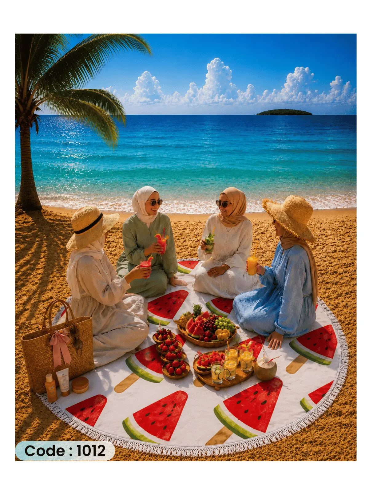 Watermelon Popsicle Beach Blanket | سجادة شاطئ دائرية بتصميم آيس كريم البطيخ من الكتان - كود 1012