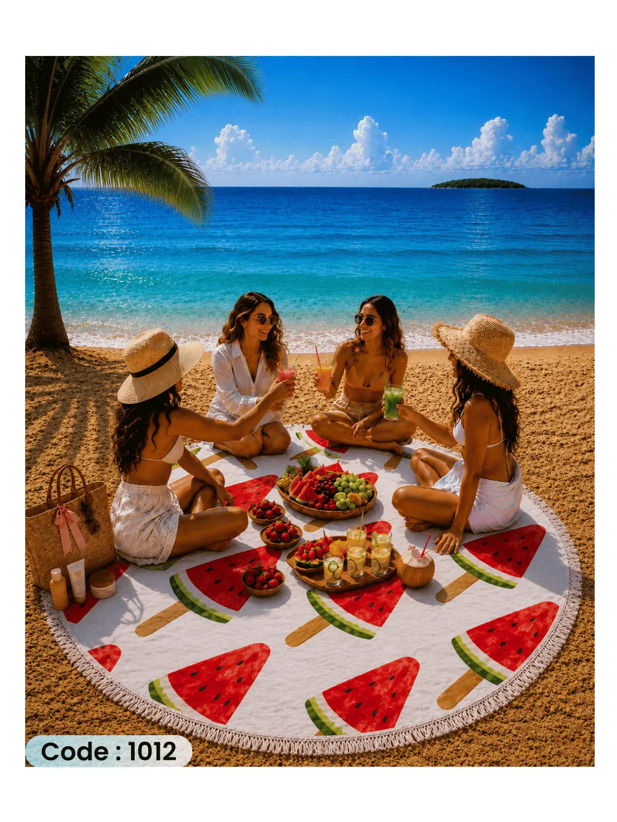 Watermelon Popsicle Beach Blanket | سجادة شاطئ دائرية بتصميم آيس كريم البطيخ من الكتان - كود 1012